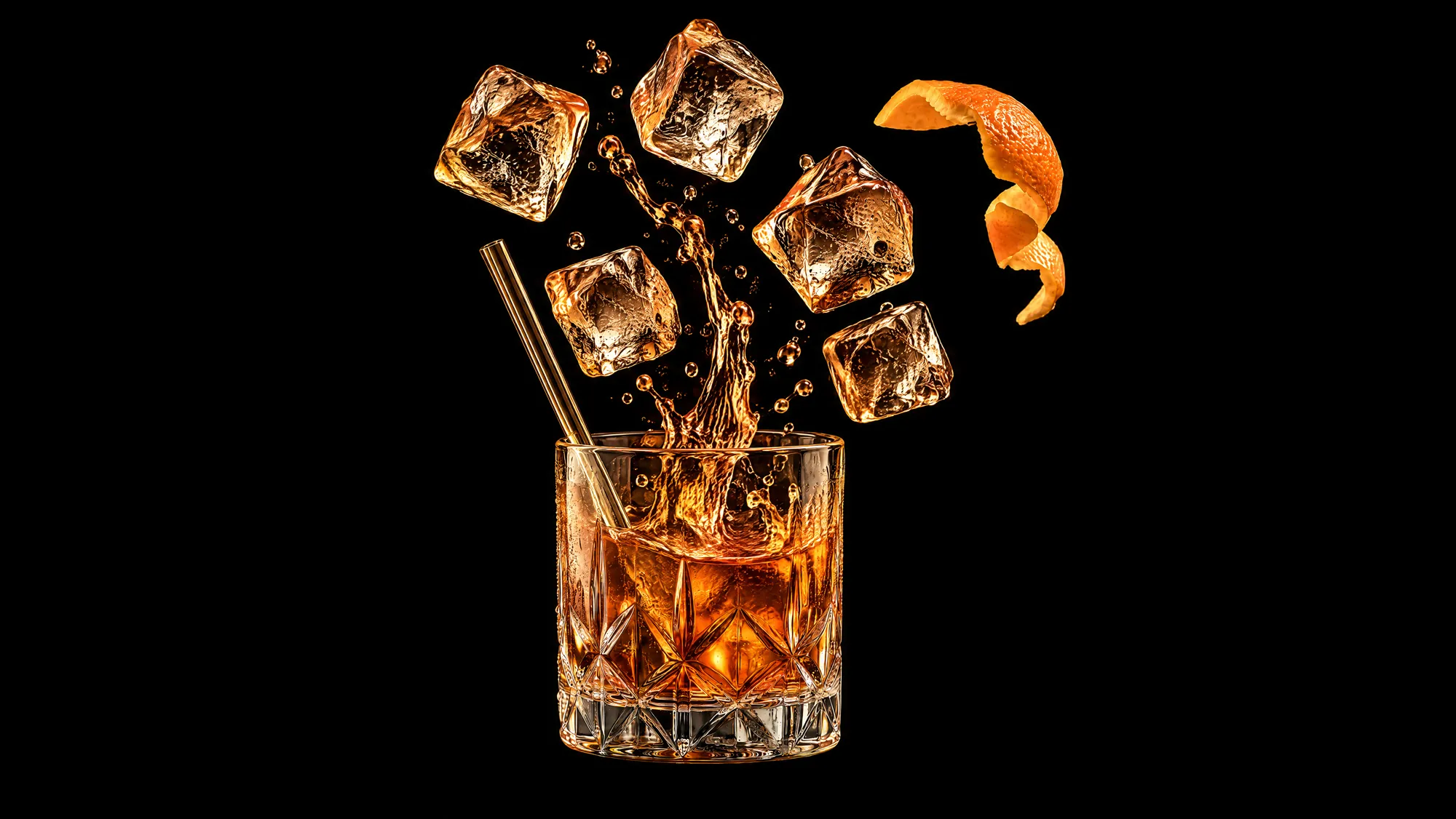 Old Fashioned scomposto: cubetti di ghiaccio, scorza d'arancia e splash