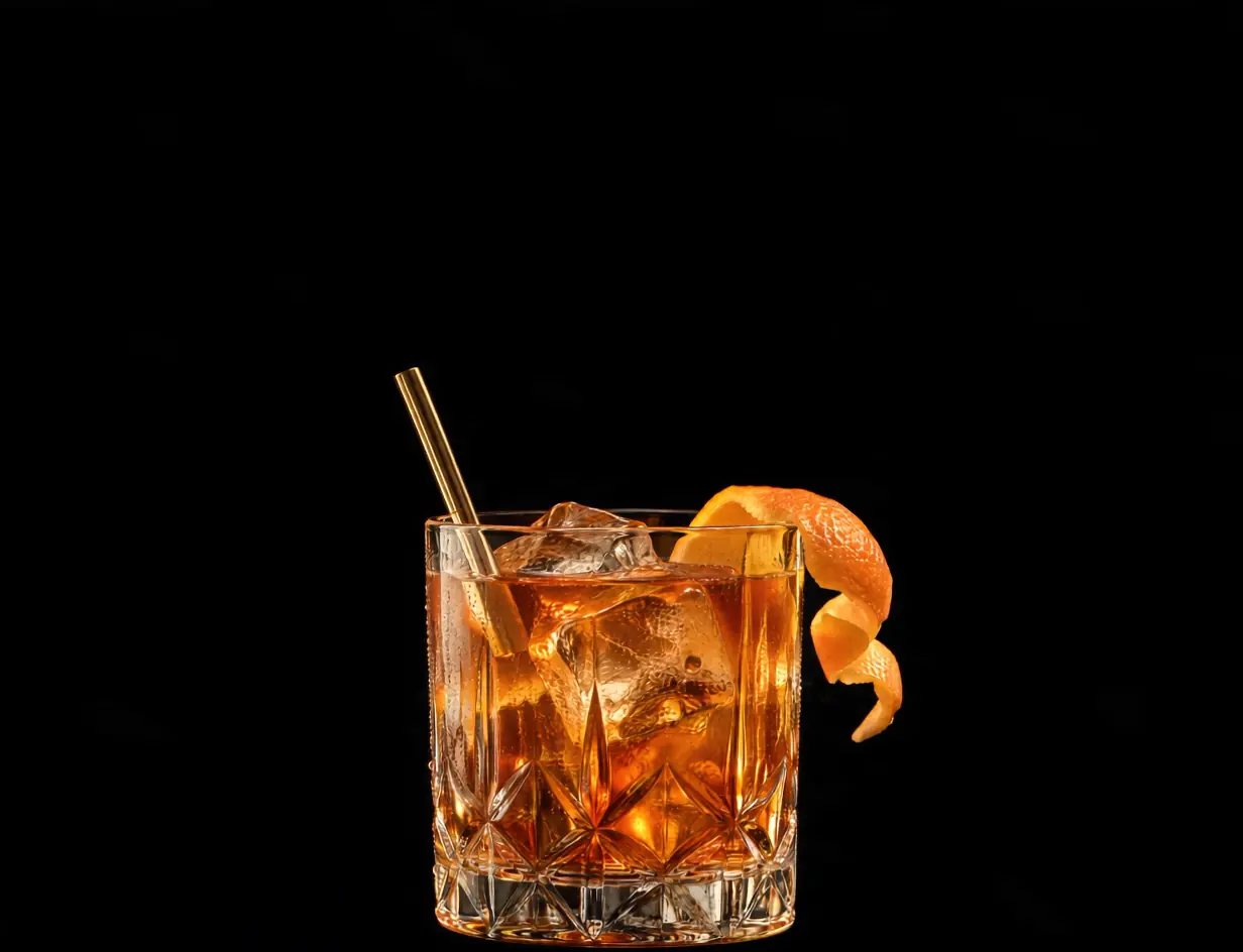 Old Fashioned in bicchiere di cristallo con scorza d'arancia